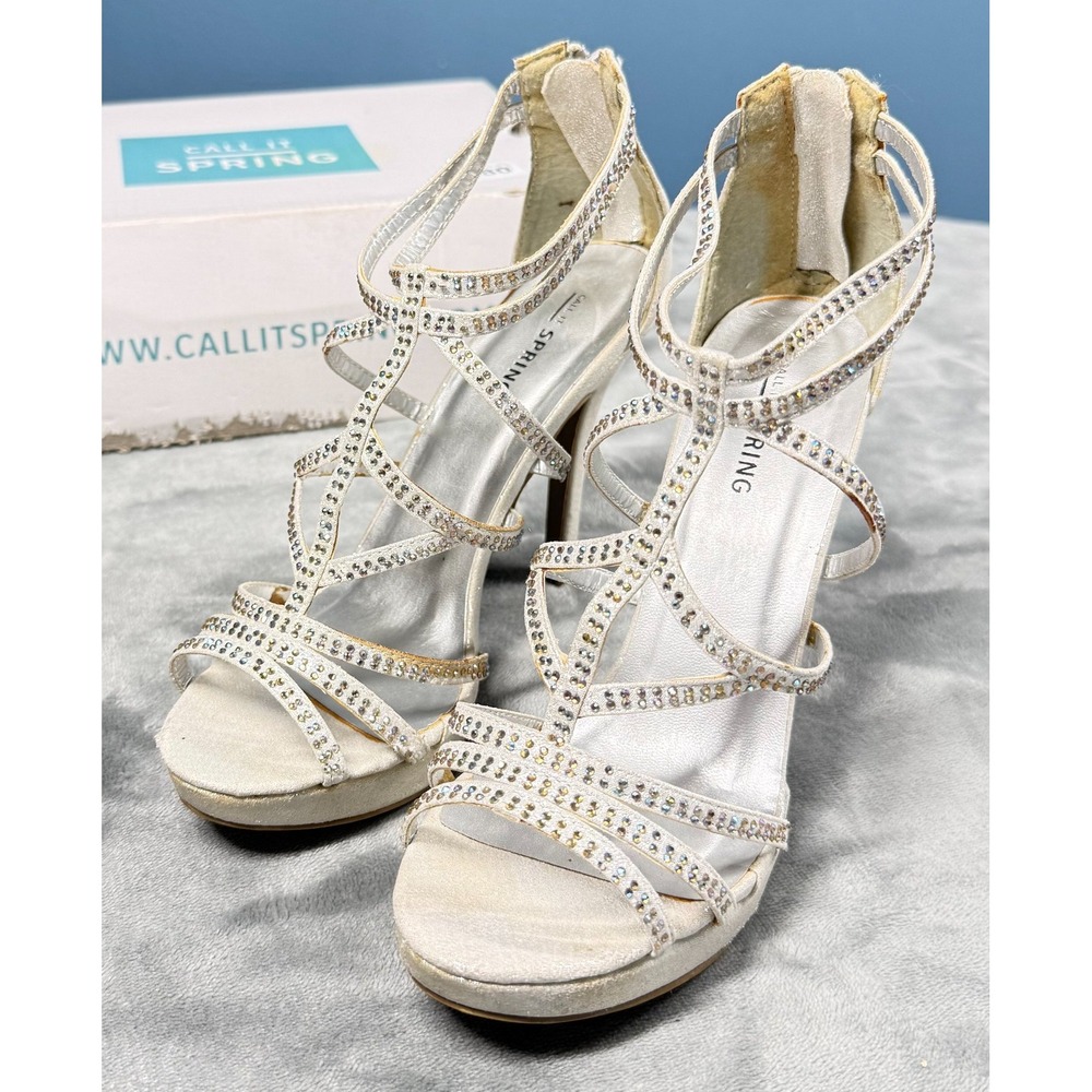 Call It Spring Chloe Sandals Womens 6 Ivory Rhinestone Strappy Heels